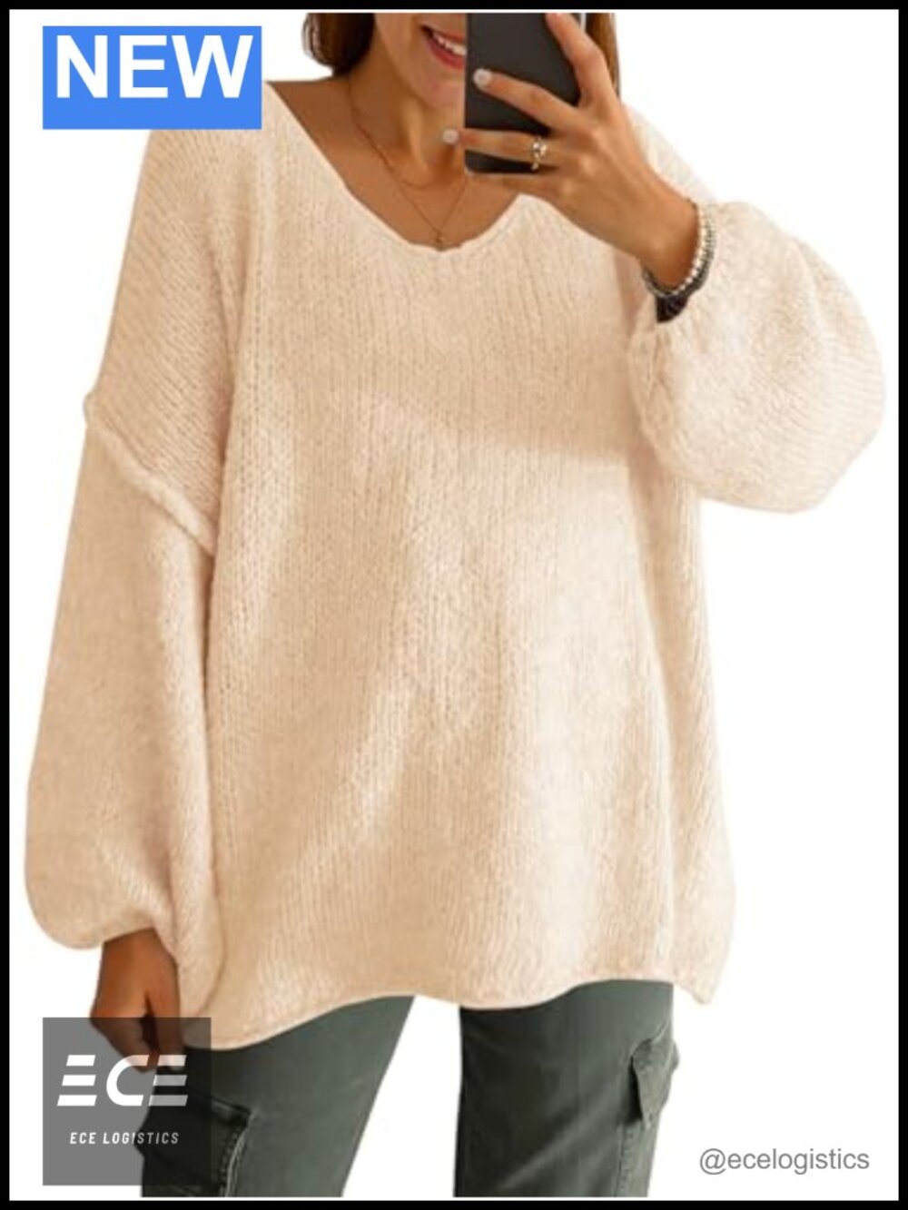 Oversized V-Neck Sweater Chunky Lantern Sleeve Knit Pullover Tunic